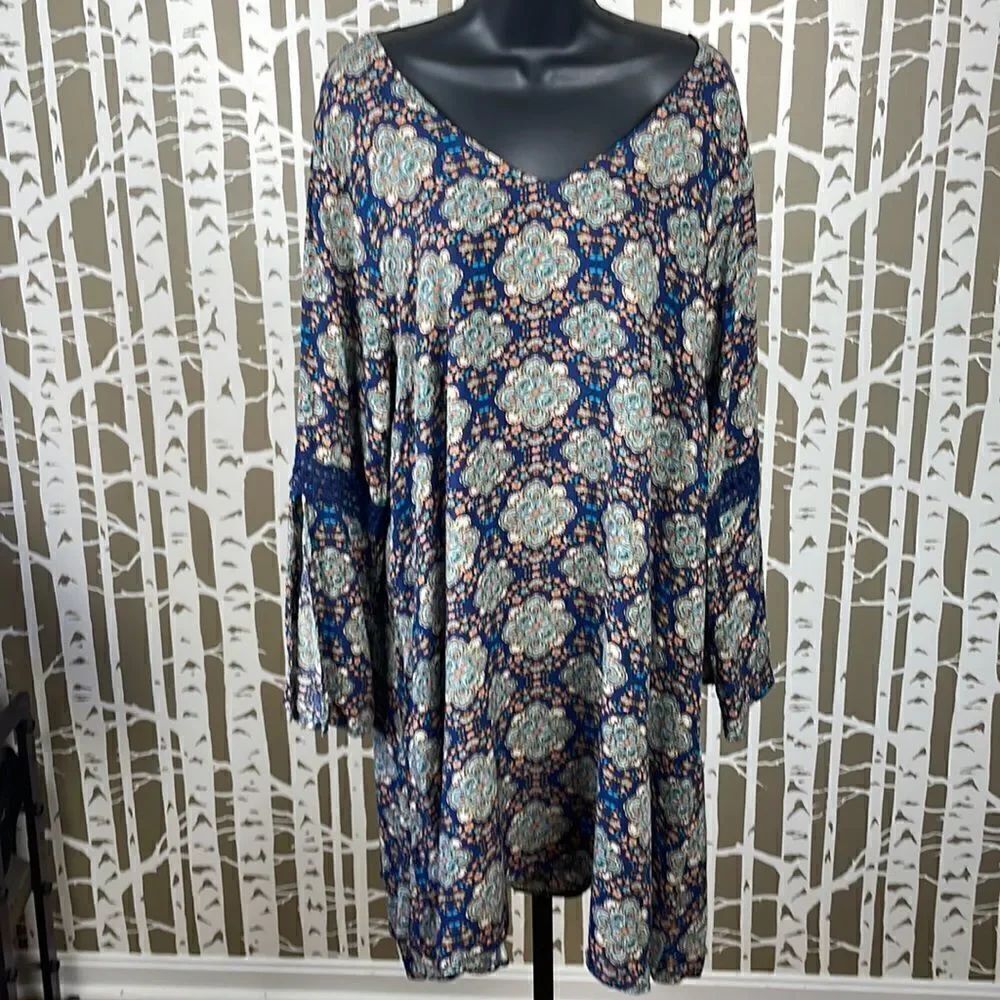 Boho Floral Printed Mini Dress Tunic w Embroidered Trim sz 2XL